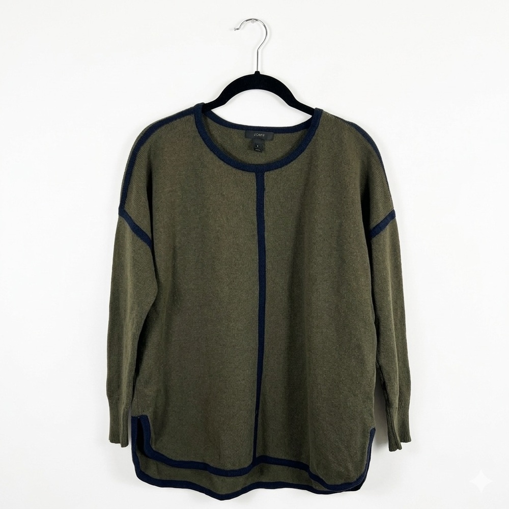 J. Crew 100% Wool Olive Crewneck Sweater‎ with Navy Contrast Trim Women’s Small